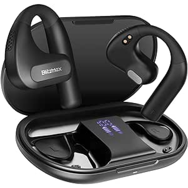 BlitzMax atvērtas austiņas Bluetooth 5.3, vieglas bezvadu sporta austiņas, pastiprinātas bass ar diviem 16,2 mm draiveriem, 60 stundu atskaņošanas laika LED displejs sportam, braukšanai, pastaigai