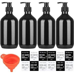 Pack of 4 Refillable Empty Shampoo Bottles, 500 ml Soap Dispenser Bottles, Plastic Pump Bottles, Lotion Dispenser for Liquid Soap, Shampoo, Conditioner, Shower Gel, Stickers. (Black)