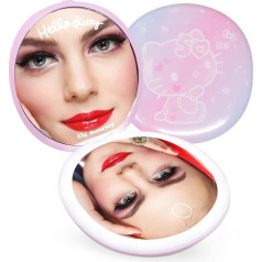 Impressions Vanity Hello Kitty apaļais LED kompaktais spogulis somiņai, divpusējs ceļojuma kosmētikas spogulis ar 3x palielinājumu, apgaismojumu, mīkstu skārienpogu un regulējamu skārienpoguli
