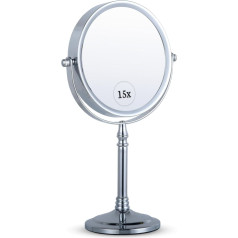 Mirrorvana 15x palielinājuma kosmētikas spogulis ar statīvu - divpusējs kosmētikas spogulis, 15x un 1x palielinošs spogulis vannas istabai, 30 cm x 15 cm (hroms)