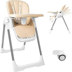 Bērnu augsts krēsls, salokāms 4-in-1, bērnu augsts krēsls, daudzfunkcionāls regulējams, bērnu krēsls ar noņemamu paplāti un riteņiem, bērnu augsts krēsls ar 5 punktu siksnu, bērnu pusdienu krēsls, bēšs