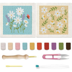BEUNITONE Punch adatu komplekts Daisy izšūšanas sākuma komplekti Ziedi Augi Punch adatu komplekts iesācējiem Izšūšanas komplekti ar rāmi, sienu glezniecības dekorēšanas rokasgrāmata 9,8 x 9,8 collu, 2