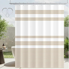 Lerores dušas aizkars, 180 x 200 cm, bēšs svītrains dizains, ar svērto apmali, pretpelējuma tekstils, ūdensnecaurlaidīgs, mazgājams poliestera vannas aizkars ar cilpām un 12 dušas aizkaru gredzeniem vannas istabai