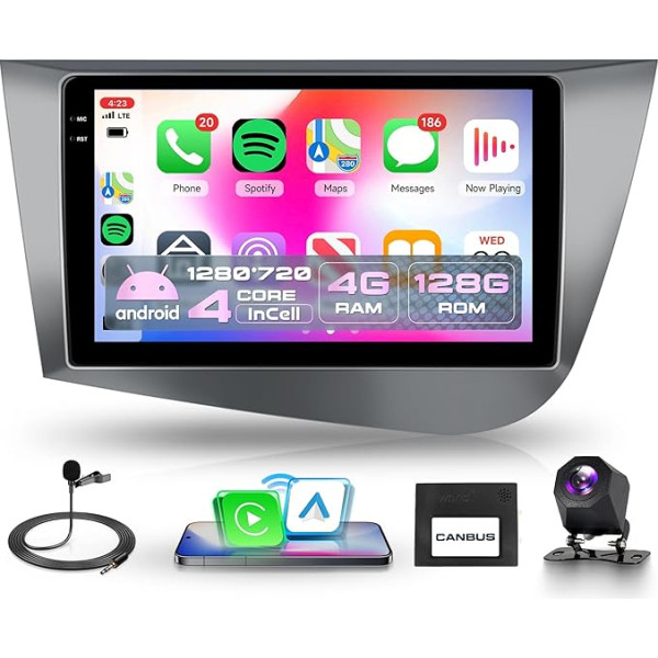 4G+128G bezvadu Carplay Android 15 auto radio Seat Leon 2 mk2 2005-2012 9 collu collu skārienjūtīgais ekrāns Auto radio ar Android auto GPS navigāciju WiFi Mirror Link Bluetooth FM/RDS/EQ/USB/SWC aizmugures skats
