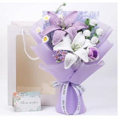 Tamborēšanas ziedu pušķis - rokām darināts adīts tamborēts tamborēts ziedu pušķis ar rozēm un liliju - mākslīgais tamborēts zieds Mātes dienai Dzimšanas diena Kāzu mājas apdare - dāvanu maisiņš un apsveikuma kartītes iekļautas