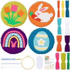 JSRQT 4 gab Lieldienu Punch Needle Coaster Set Beginners, Punch Needle izšūšanas komplekts ar ziedu trušu olu rakstu, DIY amatniecības krustdūrienu komplekts, pieaugušo Punch Needle Coaster Kit ar Punch Needle Tool