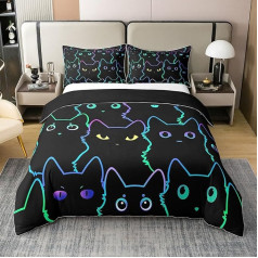 Multiplikācijas kaķu segas pārvalks, 100% dabīgā kokvilna, bērnu gultasveļas komplekts, 220 x 240 cm, gradientu līnija, mīlīgs kaķu segas pārvalks zēniem, meitenēm, mājdzīvnieku segas pārvalks, 2 spilvendrānas, ombre stils, melns