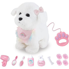 RuiDaXiang elektronisks skrejošs plīša suns ar tālvadības pulti, reālistisks interaktīvs suns, skrien, rej un vicina asti, iekļauti kucēna piederumi (White Milani)