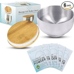 Nuru Platinum masāžas želejas pulvera komplekts, 5 x masāžas želejas pulveris, 5 g maisiņi, 1 x trauks 500 ml ar bambusa vāku, nerūsējošā tērauda trauks