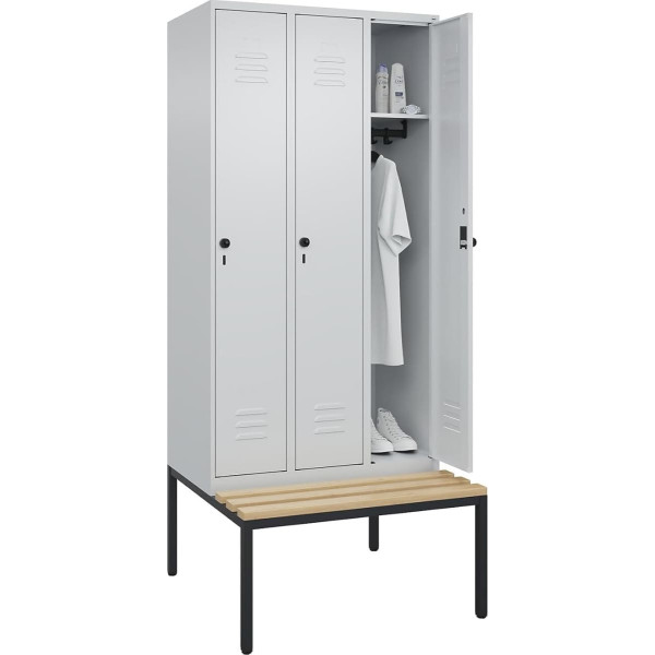C + P Möbelsysteme C+P | Spind Classic Plus Sitzbank | 3 Abteile | lichtgrau | B 900 mm | Sicherheits-Drehriegel | untergebaut | Buche-Hartholz