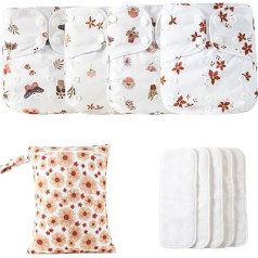 Auduma bērnu autiņbiksītes - atkārtoti lietojamo autiņbiksīšu komplekts, regulējamas ūdensnecaurlaidīgas segas | 4 ieliktņi un mitrs maisiņš, elpojošs pārvalks, videi draudzīgs, mīksts audums