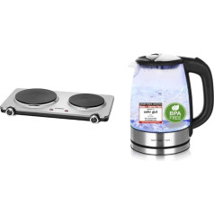 Bomann DKP 5033 E dubultā plīts, ideāli piemērota kempingam, virtuvei vai birojam, divas plītiņas - lielā 18 cm un mazā 15 cm, nerūsējošais tērauds un Emerio WK-119988 stikla tējkanna, 1,7 litri, melna, sudraba krāsā