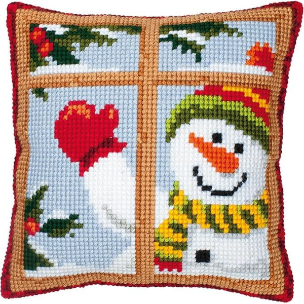 Vervaco Sniegavīrs, kas skatās uz logu, izšūts krustdūrienā, daudzkrāsains spilvens