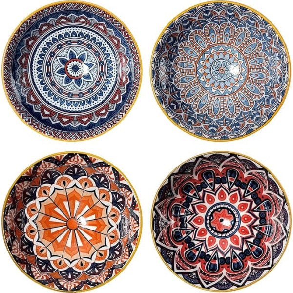 Fanquare Labības trauku komplekts, 4 porcelāna bļodas 350 ml, bohēmiski krāsains ziedu raksts Salātu bļoda labības, zupas, salātu, makaronu, putras, droša mikroviļņu krāsnī