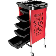 Frizētavas ratiņi ar 5 izvelkamām atvilktnēm, salokāms ierīču turētājs, SPA frizētavas ratiņi stilistam, frizierim, frizierim, matu stilam (sarkani)