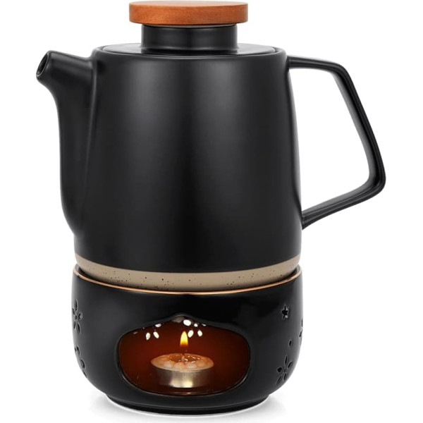 Keramikas tējkanna ar sieta ieliktni un sildītāju, 850 ml, noņemams sietiņš, porcelāna melns