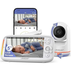 jeeber 2K/3MP bērnu monitors ar kameru un lietotni, 360 grādu, 5 collu WiFi video bērnu monitors, HDR nakts redzamība, raudāšanas/kustību/trokšņa noteikšana, temperatūras displejs, liels diapazons, diapazona signalizācija, bez