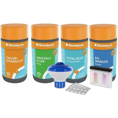 STEINBACH ūdens kopšanas sākumkomplekts, baseina hlora sākumkomplekts iesācējiem, Mini multitabs, Crystal Clear, dozēšanas pludiņš, testu komplekts, pH pazemināšanas un hlora granulas, baseina piederumu komplekts iesācējiem