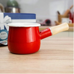 JMAHM Piena panna Maza piena krūze Tējas kafijas kafijas olu vārīšanas katls Emaljas koka rokturis Bērnu pārtikas papildināšanas katls Viegli tīrāms emaljas zupas katls