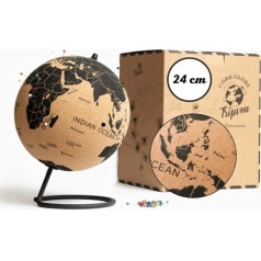TRIPVEA® Korķa globuss 24 cm - Vintage korķa globuss - dekoratīva pasaules karte ceļojumiem - ideāla dāvana un dekoratīva ideja - augstums = 24 cm