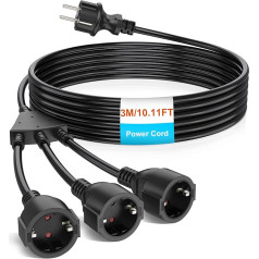 HITRENDS Aizsargkontaktu pagarinātāja kabelis āra lietošanai ar multi kontaktdakšu, maiņstrāvas Schuko plastmasas kabelis ar 3-virzienu kontaktligzdām, mājām, birojam, āra apstākļiem, IP44, 3 x 1,5 mm², līdz 250 V/13 A, 3 m, melns, melns