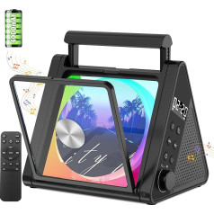 CD atskaņotājs ar pārnēsājamu rokturi, īpašs trīsstūra dizains, modernizēts Bluetooth CD atskaņotājs ar 8 režīmu RGB apgaismojumu, 4000 mAh akumulators, 20 W skaļruņi, tālvadības pults, Opt/AUX/USB/FM radio (melns)