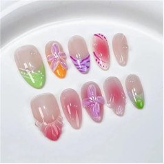 10 Stück handgefertigte künstliche Nägel for Aufdrücken mit mittelgroßen französischen süßen Blumen, 3D-Nagelaufklebern, Kunst, rosa Mandel, Hottie, tragbare Nagelkunst(3xs)