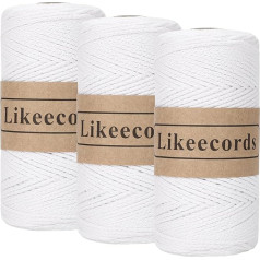 Likeecords 3 ruļļi vilnas tamborēšanas maisiņiem, 2 mm x 170 m, dzija tamborēšanai, makrame dzija, kokvilnas dzija tamborēšanai, 100% kokvilnas cauruļu dzija adīšanai, tamborēšanai, aušanai Dāvana (tīri balta)