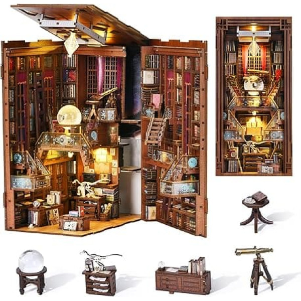 Grāmatu stūrītis, DIY miniatūras leļļu mājas grāmatu grāmatu stūrīša komplekts, 3D koka puzles grāmatu plaukta ieliktnis ar LED apgaismojumu un putekļu vāku pusaudžiem un pieaugušajiem (Beyond Library)