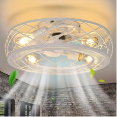 Griestu ventilators ar apgaismojumu un tālvadības pulti, Vintage Cage griestu gaisma E27, atgriezenisks ventilators, 6 vēja stiprumi, lampa ar klusu ventilatoru guļamistabai, balta, 50 cm, 50 cm