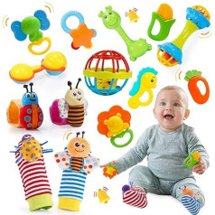 Wootoyz 14 gab Rattles grabulīši Zīlēšanas gredzenu komplekts Bērnu rotaļlieta no 0-12 mēnešiem, bērnu dāvana zēns meitene 0-6-12 mēneši Montessori rotaļlieta no 0-12 mēnešiem Jaundzimušo dāvana Dzimšanas bērnu rotaļlieta