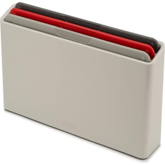 Joseph Joseph 3 krāsainu, kodētu griešanas dēlīšu iepakojums ar abpusēji neslīdošiem dēlīšiem plānajā kastītē - sarkans/pelēks