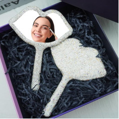 Frinnovan Handspiegel, Lippen-Strass-Handspiegel, Wimpernspiegel, niedlicher Reise-Make-up-Spiegel mit Griff, Glitzer, Kosmetikspiegel, schillernder Spiegel, tragbar, für Frauen (Silber)