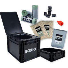 BOXIO tualetes MAX+ pilns komplekts, mobilā separācijas tualete, kompakta kempinga tualete 40 x 30 x 28 cm, ieskaitot tualetes UP sēdekļa spraudni, 3 x maisiņi, 2 x kaņepju pakaiši, 6 klipsas, melns, melns