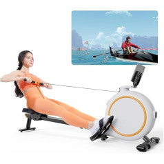 Magnētiskais airēšanas trenažieris, Lacuffy airēšanas trenažieris mājām 135 kg svara ietilpība ar 32 klusiem pretestības līmeņiem, airēšanas trenažieris ar APP kontroli, planšetdatora turētāju un LCD displeju.