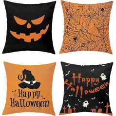 Joymasion Happy Halloween Scary Ghost Cushion Covers 45 x 45 cm, komplekts no 4, Spider Web Bats Witch Hats, Square Throw Cushion Cover, dekoratīvs dīvāna spilvena pārvalks ar neredzamu Zipu