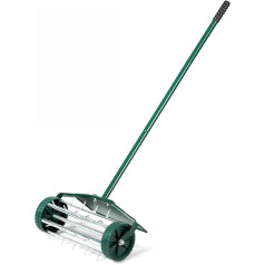 18 collu rotējošais zāliena aerators veltņiem, smaga augsnes ventilācija, 50 collu rokturis, zaļš ar 50 collu rokturi un spārnu