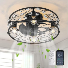 Ganeed kristāla griestu ventilatora apgaismojums ar tālvadības pulti Modernā lustra Cage ventilatora spuldzīte E27 Flush-Mounted ventilators guļamistabai Melns 4 gaismas