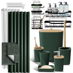 Vannas istabas piederumu komplekts ar dušas paliktni un vannas paklājiņiem, 27 gab. vannas istabas piederumu komplekts ar dušas paliktņiem, zaļiem vannas paklājiņiem, dušas aizkaru komplektu, tualetes birsti, atkritumu urnu, ziepju dozatoru