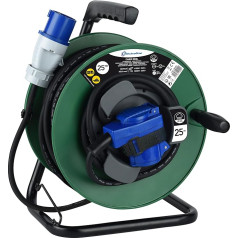 Electraline Industriel H07 RN-F 3G1.5 49209 Kabeļu rullis, 25 m kabelis, IP44 āra / Kabeļu rullis ar gumijas pagarinājumu un 2 ligzdām (Schuko + Industrial) / Kabeļu kaste ar pagarinātāju