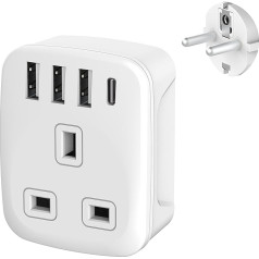 Eiropas kontaktdakšu adapteris, Apvienotās Karalistes un Eiropas kontaktdakšu adapteris, ceļojuma adapteris no Apvienotās Karalistes uz Eiropu ar 4 USB pieslēgvietām, iezemēts eiro lādētājs Vācijai, Francijai, Spānijai, Turcijai, Spānijai, T