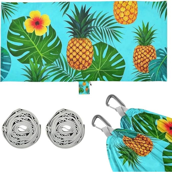 Vasaras šūpuļtīkls ar ananāsu palmu un ziedu, zils, kempinga šūpuļtīkls ar virvi iekarināšanai, terasei, pagalmam, atpūtas bāzei