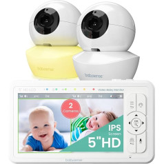 Babysense Baby Monitor HD 5 collas ar 2 kamerām, videonovērošana bez WiFi, nakts gaisma, šūpuļdziesmas, 300 m diapazons, divvirzienu audio, 4x tālummaiņa, 4000 mAh akumulators