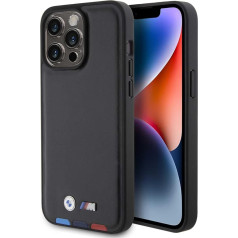 BMW BMHCP15S22PTDK Futrālis iPhone 15 6,1 collu melns, melns, āda, trīskrāsains ar zīmogu