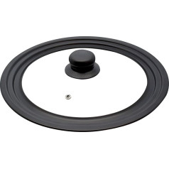 ELO universālais vāks 16/18/20 cm, ar graduētu oglekļa tērauda malu, ar nelīpošu pārklājumu, viegli tīrāms, termoizolējoša plastmasas poga, stikla logs ar ventilācijas atveri.