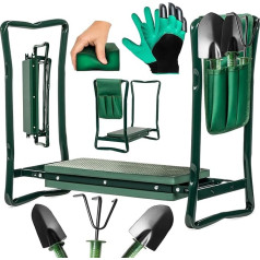 Valle Verde 5-in-1 dārza komplekts - ceļgalis / sols + nagu cimdi + grābeklis + lāpsta + lāpsta - ceļgalu spilventiņi ar putuplasta spilvenu, instrumentu soma, salokāms - 59 x 27,5 x 49 cm
