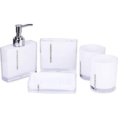 Vannas istabas piederumu komplekts, 5 gab., akrila ziepju dozators, zobu birstes turētājs, ziepju trauks, 2 trauciņi zobu birstei, balts