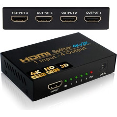 HDMI sadalītājs 1 in 4 out, NIERBO Splitter HDMI 1 in 4 out 4K HDMI Splitter 4K*2K Aktīvais pastiprinātājs Atbalsta Full 3D HD 1080P Switcher priekš HDTV PC SKY Box projektors PS2 PS3 PS4 XBox360 Blu-ray DVD