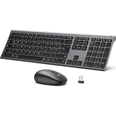 iClever Bluetooth tastatūra ar peli, tastatūras un peles komplekts, bezvadu uzlādējams dubultrežīms (Bluetooth + 2.4G), ļoti plāns, daudzfunkcionāls Mac, Andoid, Windows, QWERTZ izkārtojums, pelēks