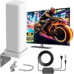 Iekšējā TV antena 500 jūdžu diapazons ar signāla pastiprinātāju Atbalsta 4K/1080p/VHF/UHF DVB-T/T2 bezmaksas kanālus Komplektā ietilpst 10 m koaksiālais kabelis Viens uzstādīšanas kronšteins